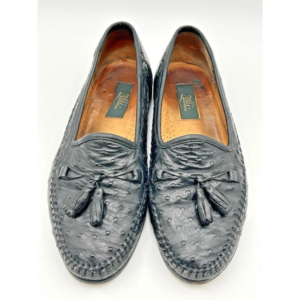 Zelli Genuine Italian Ostrich Leather Tassel Black Loafer Slip On Shoes 9.5‎